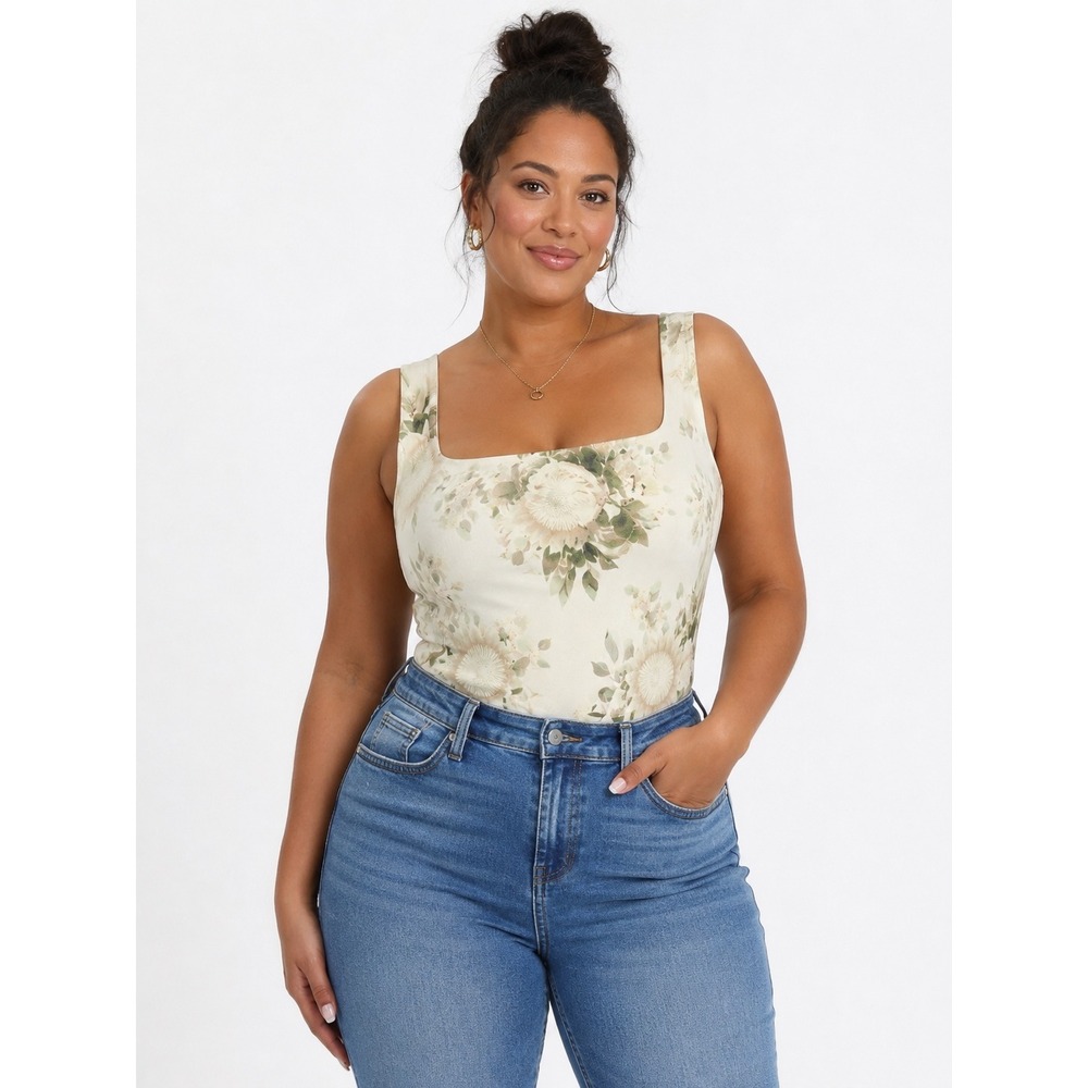 Express Body Contour Floral Square Neck Bodysuit Cream Green XL NWT - Picture 1 of 7